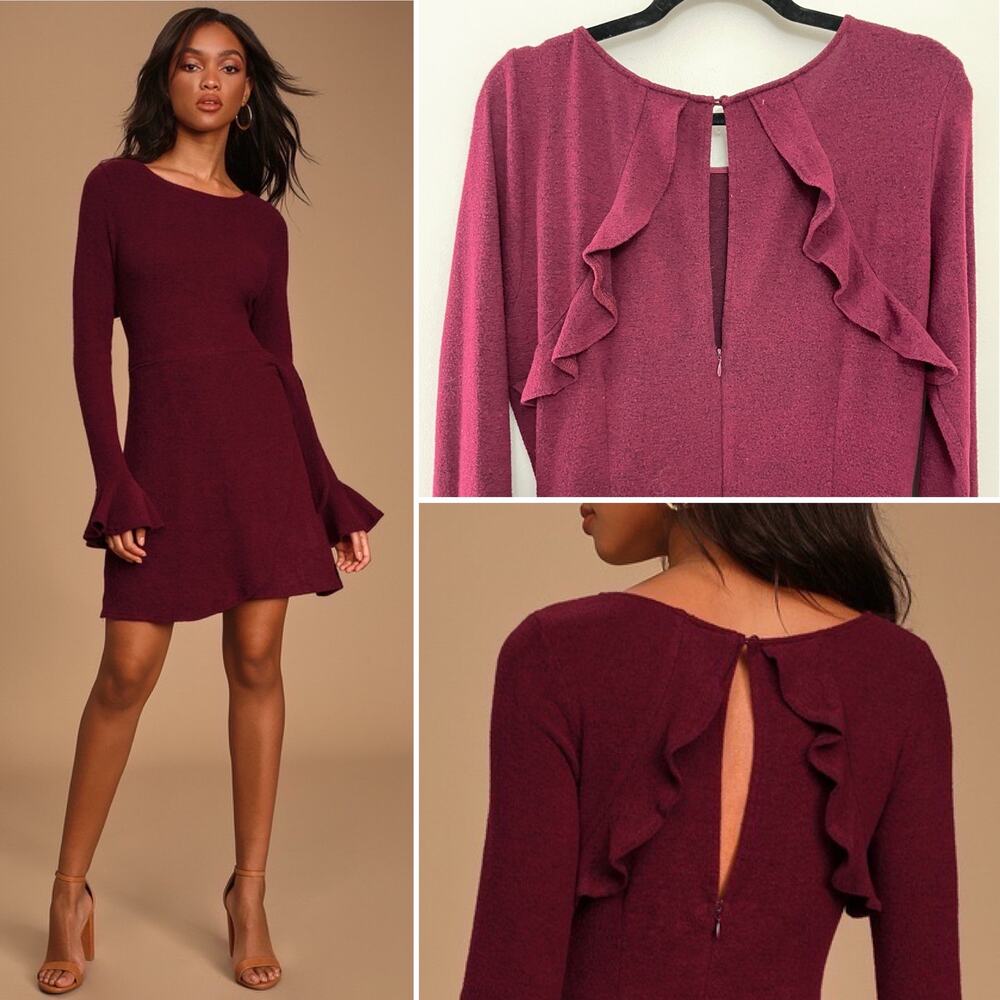 Lulu's Plum Ruffle Back Long Sleeve Skater Dress